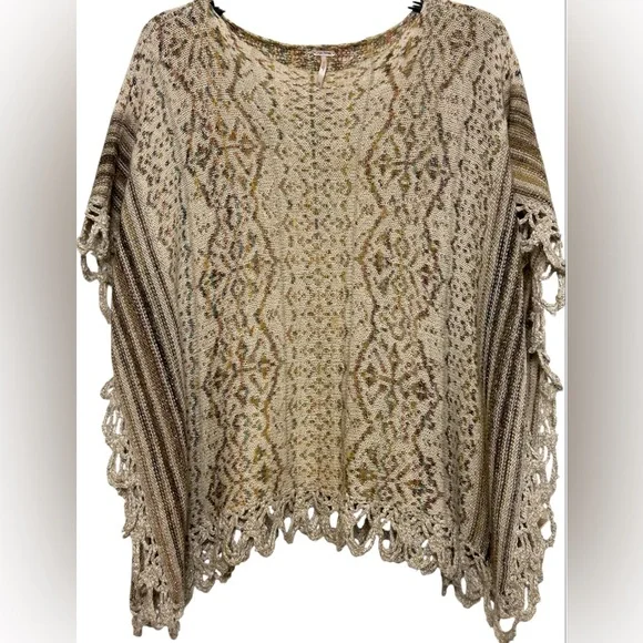 Free People Casablanca Boho Knit Poncho Wool Cream Brown XS - Picture 5 of 14